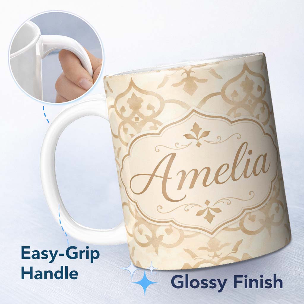 Personalized Custom Name Neutral Beige Moroccan Geometric Tile Elegant Seamless Pattern 11oz Ceramic Coffee Tea Mug White Large Handle