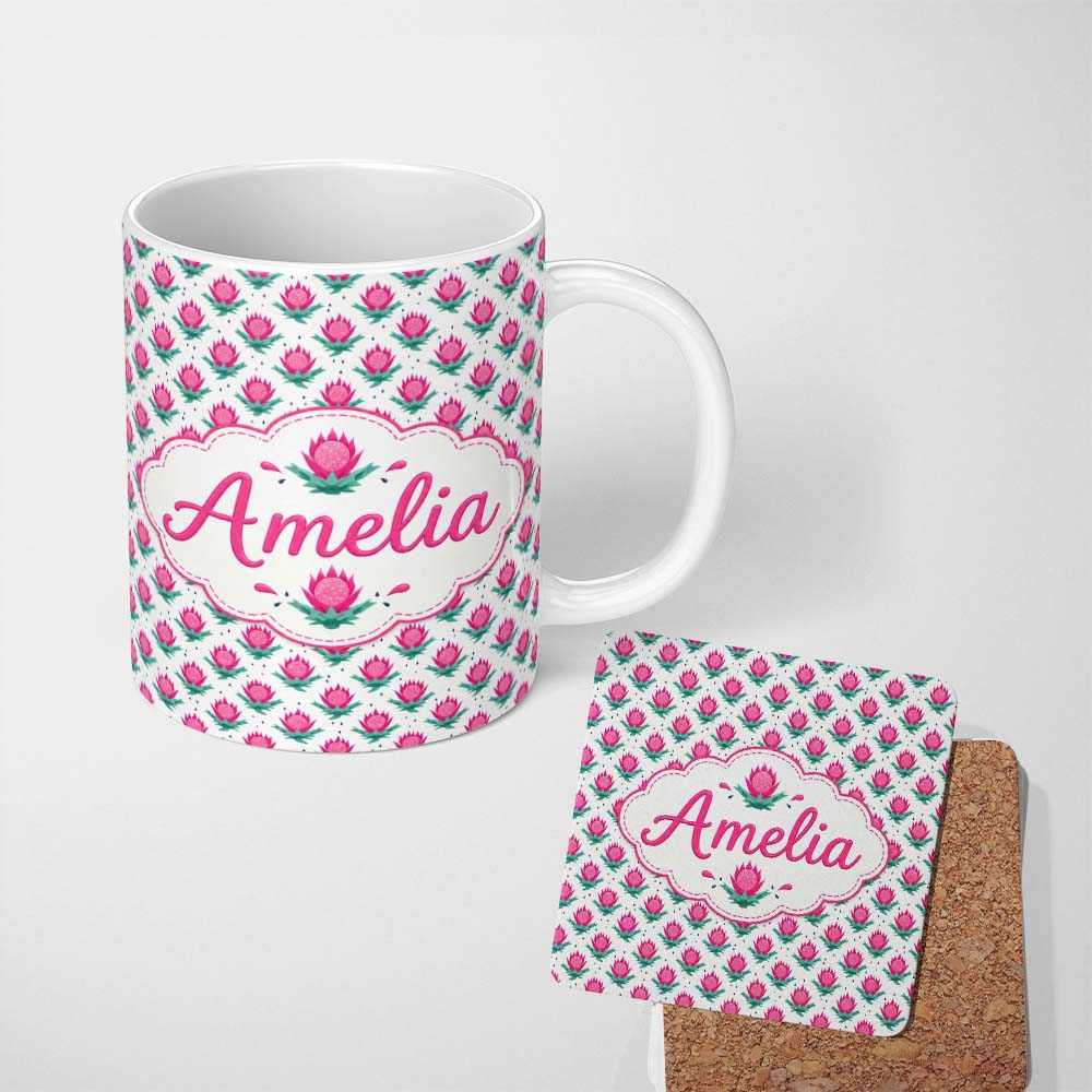 Personalized Custom Name Stylised Pink Floral Bud Pattern with Green Leaves on Light Lovely 11oz Ceramic Coffee Tea Mug White Large Handle