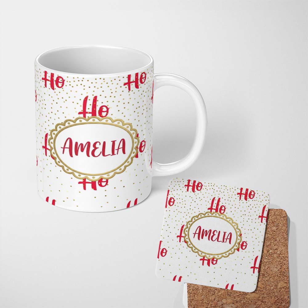 Personalized Custom Name Festive Ho Ho Ho Red Typography Gold Polka Dot Seamless Pattern 11oz Ceramic Coffee Tea Mug White Large Handle