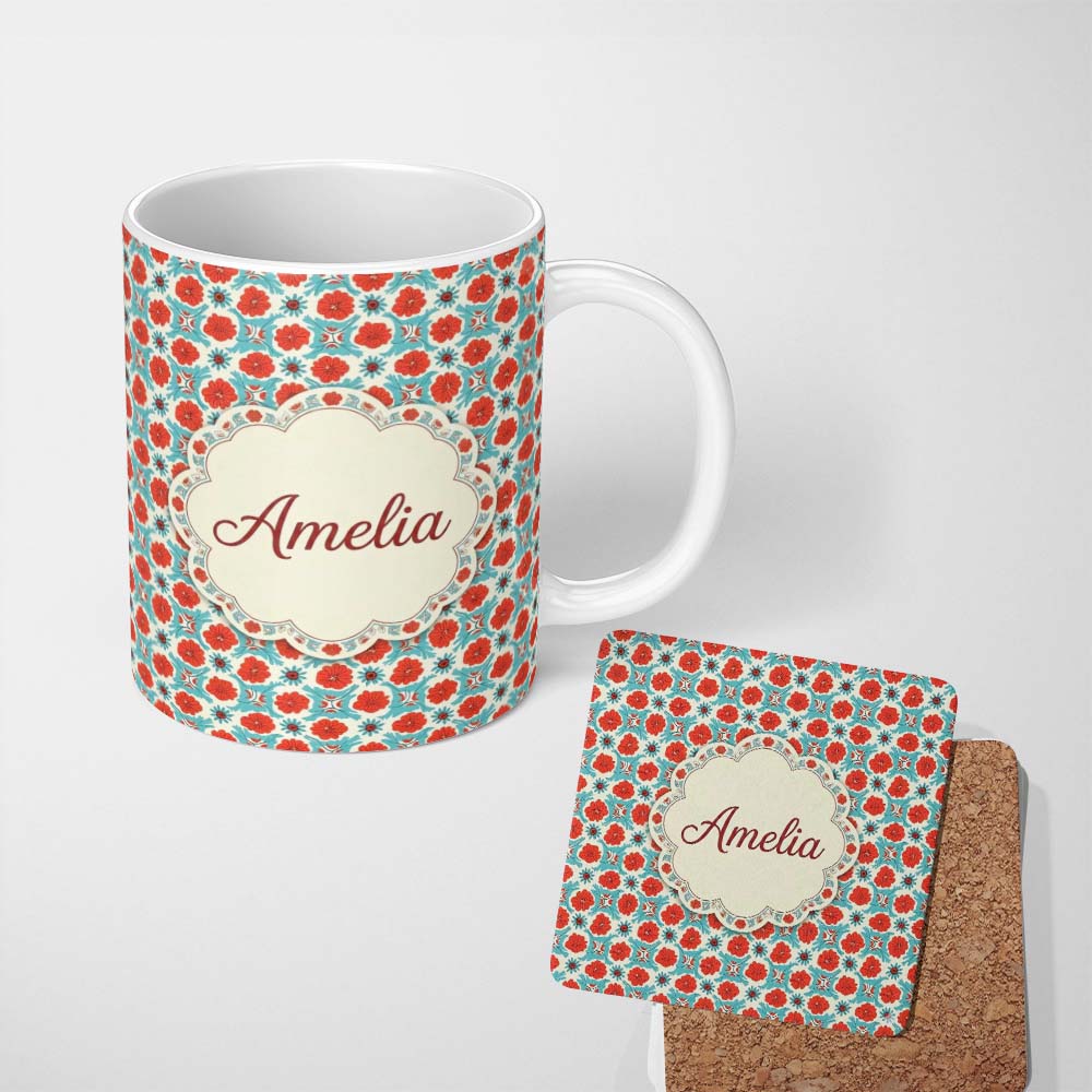 Personalized Custom Name Floral Tile Pattern Red and Blue Geometric Botanical Seamless Design 11oz Ceramic Coffee Tea Mug White Large Handle