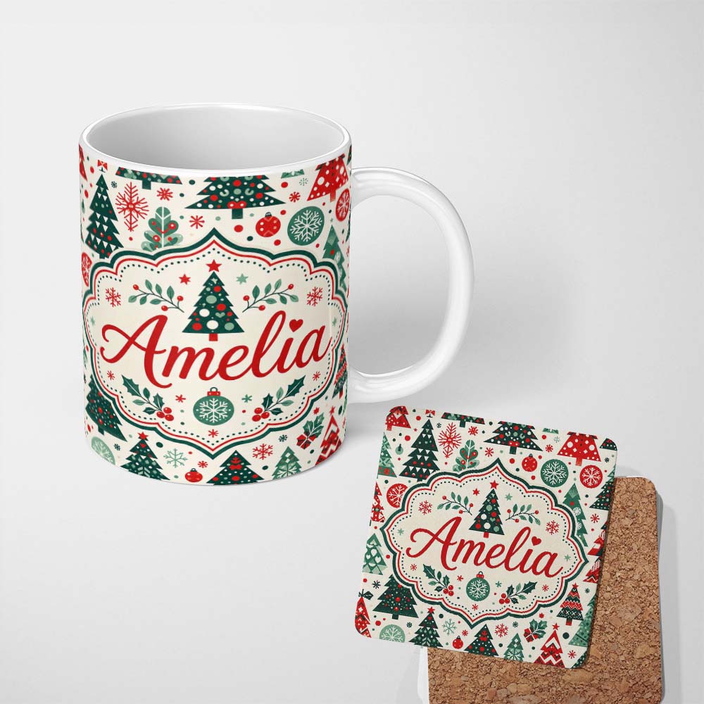 Personalized Custom Name Christmas Trees, Ornaments Folk Art Seamless Pattern Red Green 11oz Ceramic Coffee Tea Mug White Large Handle