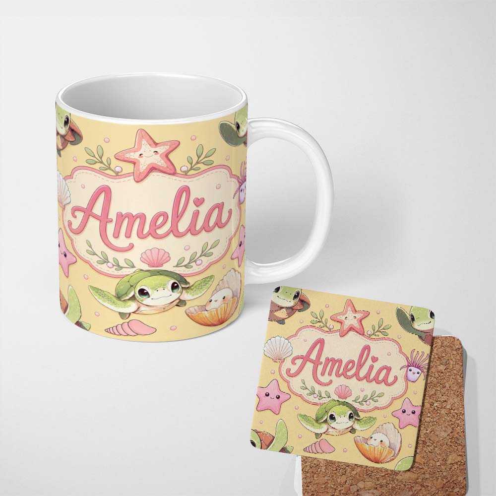 Personalized Custom Name Cute Sea Turtle Starfish Shell Kawaii Ocean Seamless Pattern Yellow 11oz Ceramic Coffee Tea Mug White Large Handle