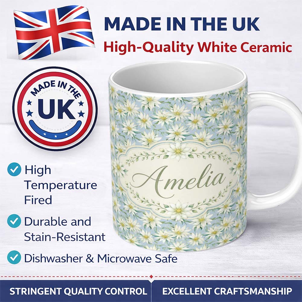 Personalized Custom Name White Floral on Soft Blue Background Seamless Pattern Lovely 11oz Ceramic Coffee Tea Mug White Large Handle
