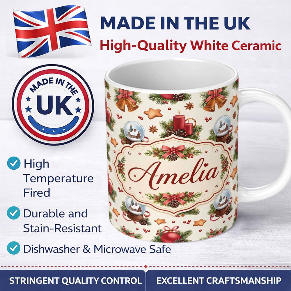 Personalized Custom Name Christmas Bells Candles Snow Globe Gingerbread Seamless Pattern 11oz Ceramic Coffee Tea Mug White Large Handle
