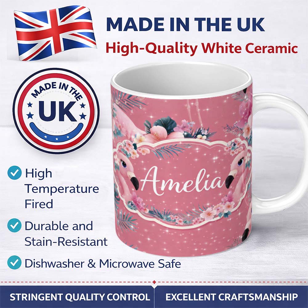 Personalized Custom Name Pink Flamingo Tropical Flowers Sparkle Fantasy Seamless Pattern 11oz Ceramic Coffee Tea Mug White Large Handle