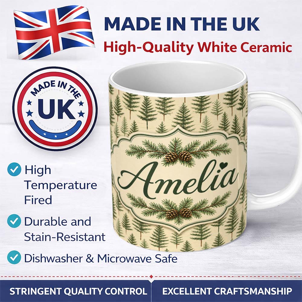 Personalized Custom Name Pine Sprig Pattern on Warm Neutral Background Thoughtful Gift Idea 11oz Ceramic Coffee Tea Mug White Large Handle