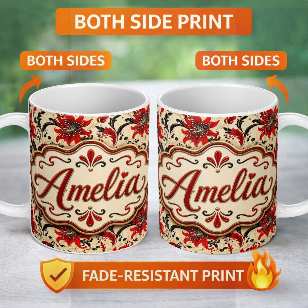 Personalized Custom Name Detailed Red Peony Floral Vintage Seamless Pattern Cute Unique Gift 11oz Ceramic Coffee Tea Mug White Large Handle