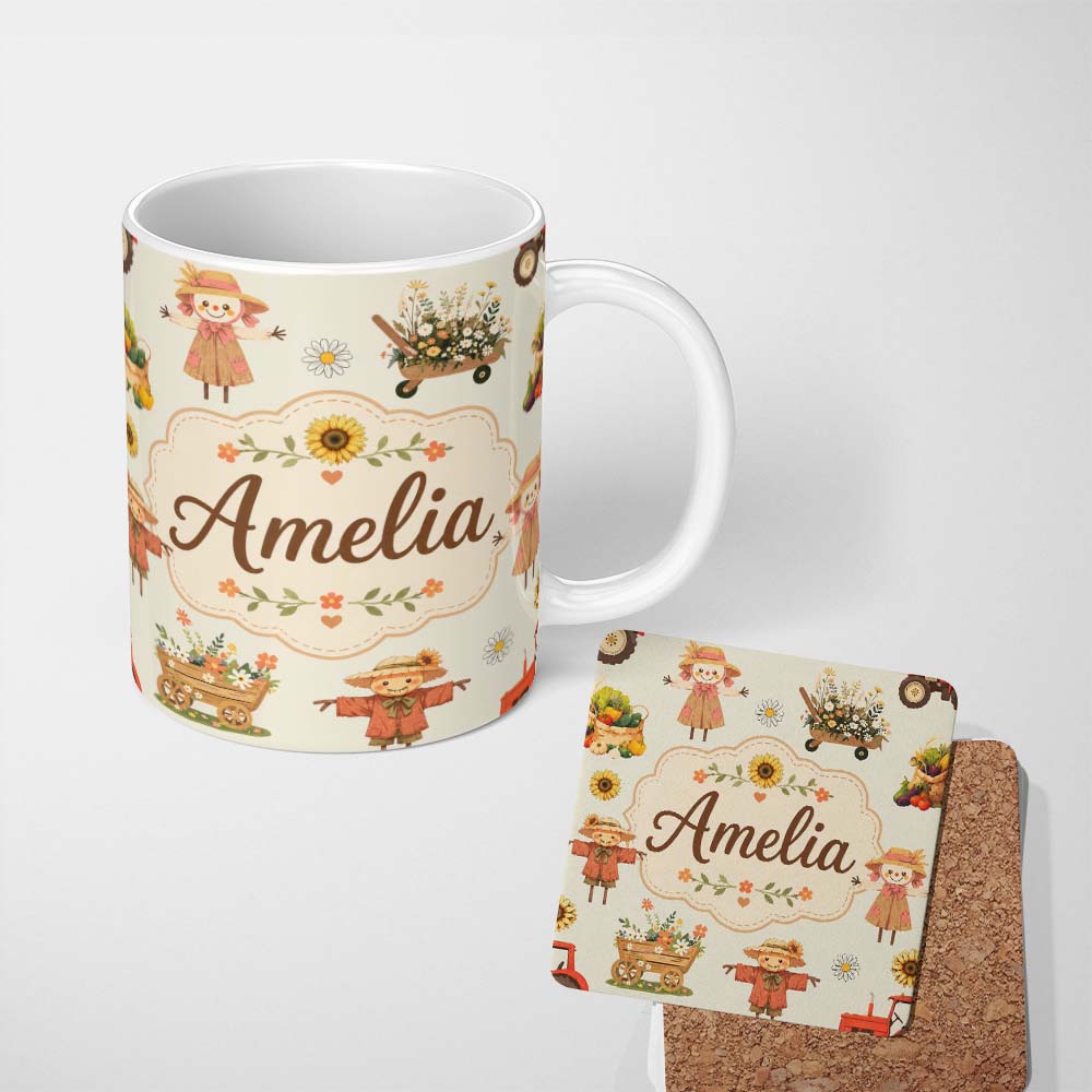 Personalized Custom Name Cute Autumn Scarecrow Barn Flowers Seamless Pattern Cream Background 11oz Ceramic Coffee Tea Mug White Large Handle