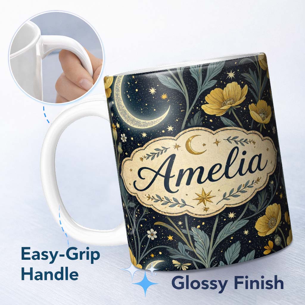 Personalized Custom Name Golden Floral Crescent Moon Night Garden Seamless Pattern Lovely 11oz Ceramic Coffee Tea Mug White Large Handle