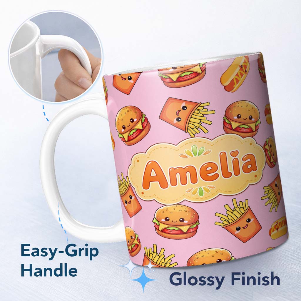 Personalized Custom Name Kawaii Burger Fries Hotdog Fast Food Blush Pink Seamless Pattern 11oz Ceramic Coffee Tea Mug White Large Handle
