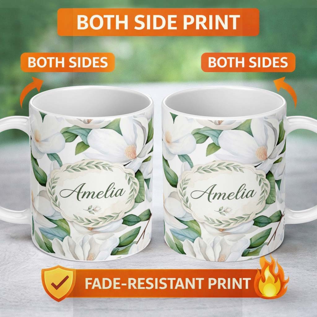 Personalized Custom Name Soft White Magnolia Flowers and Green Leaves Seamless Pattern Lovely 11oz Ceramic Coffee Tea Mug White Large Handle