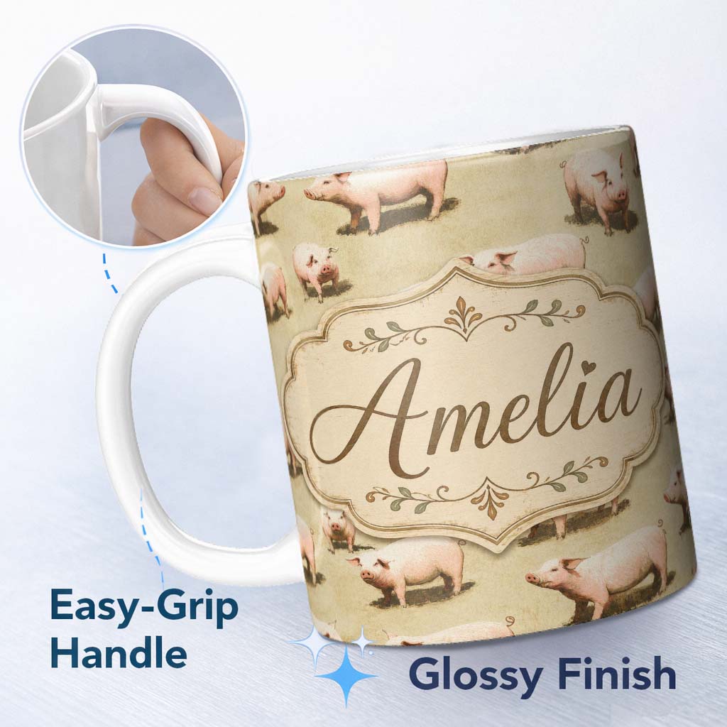 Personalized Custom Name Cute Farm Pig Animal Illustration Seamless Pattern Cute Unique Gift 11oz Ceramic Coffee Tea Mug White Large Handle