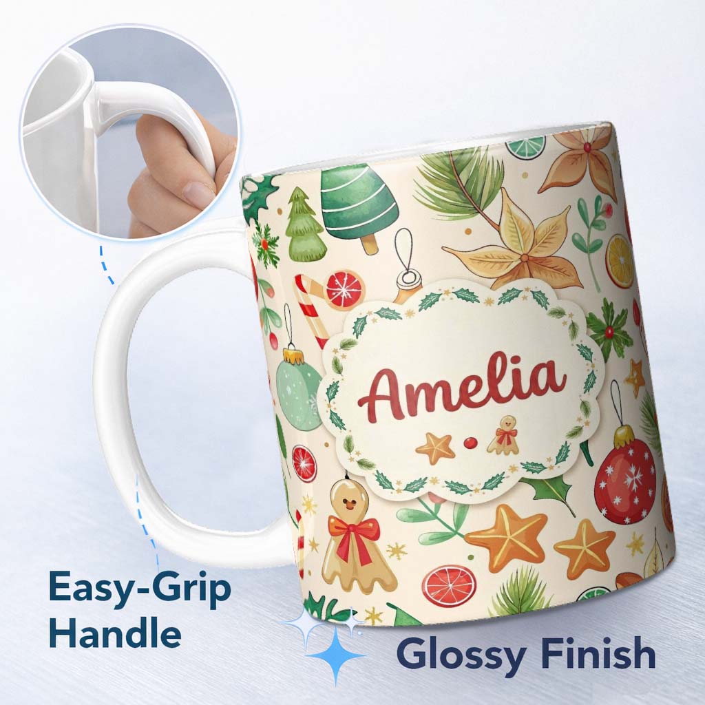 Personalized Custom Name Cute Christmas Ornament Candy Cane Star Holly Seamless Pattern 11oz Ceramic Coffee Tea Mug White Large Handle