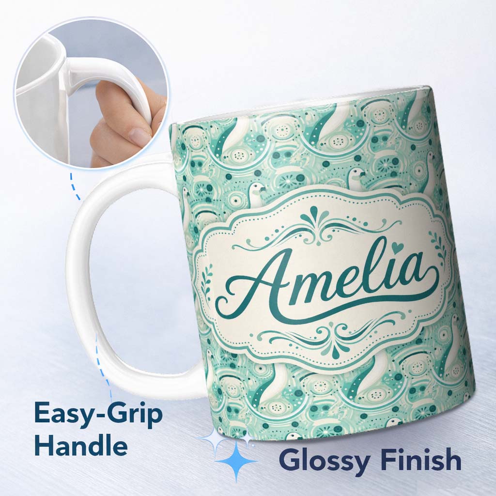 Personalized Custom Name Decorative Stylised Seals with Swirl Ocean Motifs Teal Seamless 11oz Ceramic Coffee Tea Mug White Large Handle