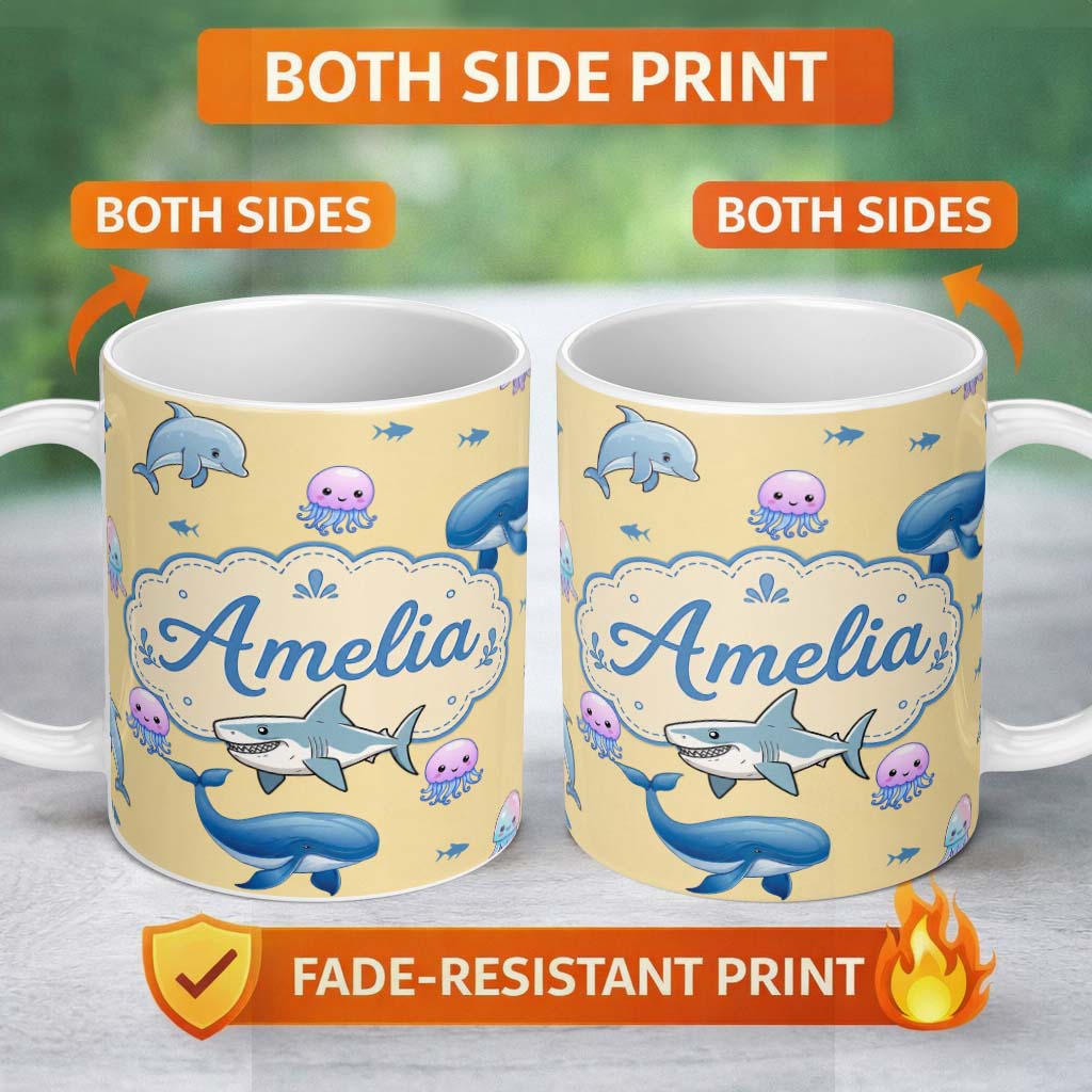 Personalized Custom Name Cute Dolphin Shark and Jellyfish Ocean Animals Warm Yellow Lovely 11oz Ceramic Coffee Tea Mug White Large Handle