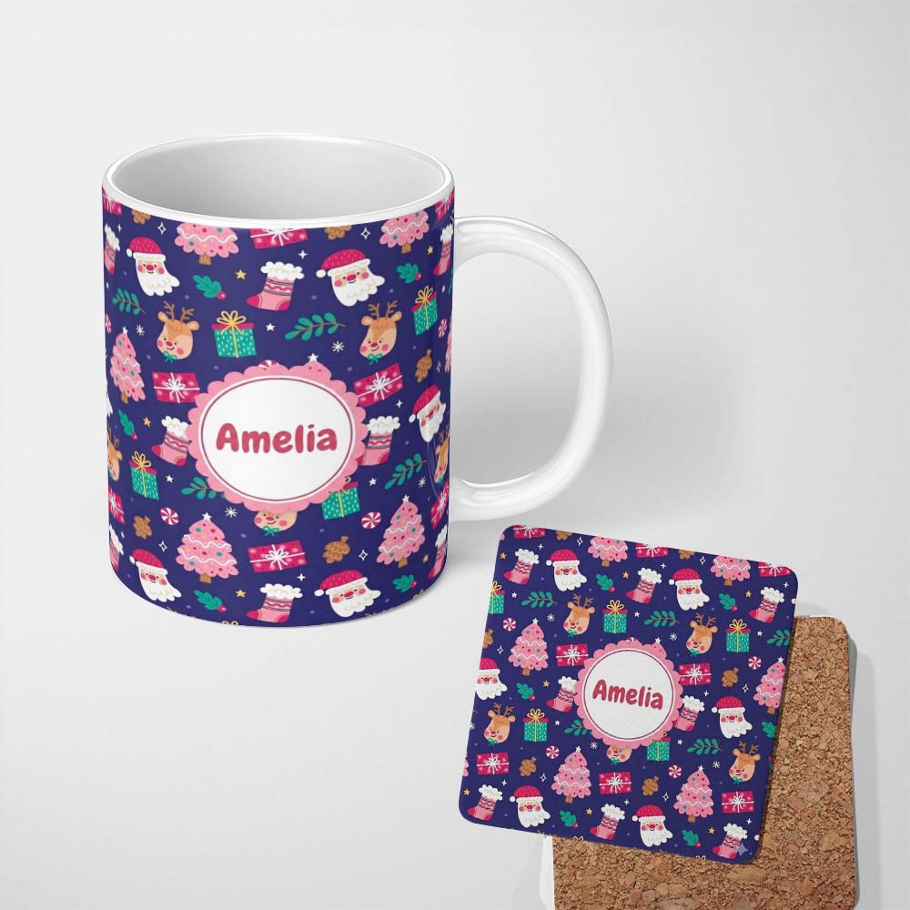 Personalized Custom Name Cute Santa Reindeer Tree Gift Festive Night Seamless Pattern Lovely 11oz Ceramic Coffee Tea Mug White Large Handle