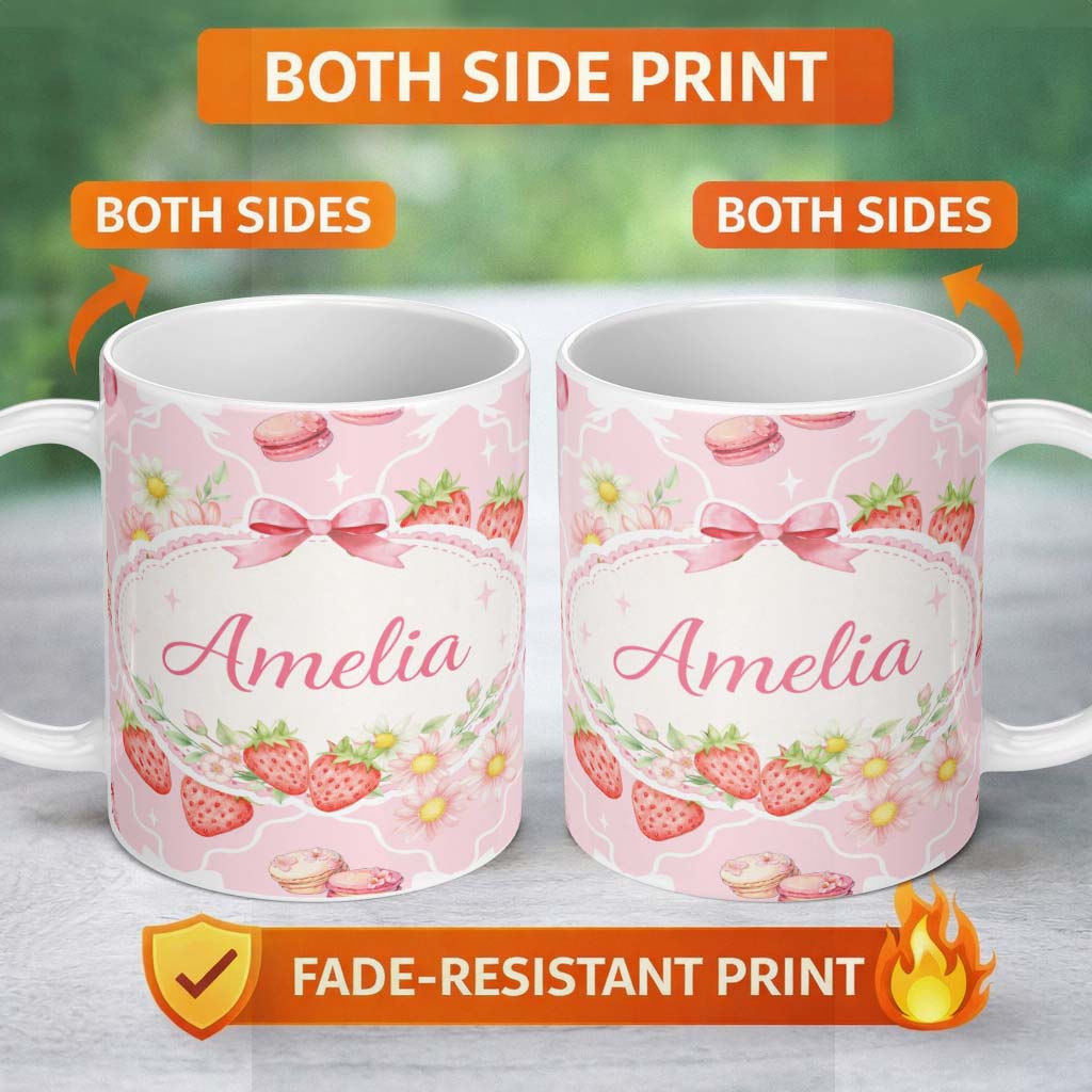 Personalized Custom Name Strawberry Cherry Daisy Seamless Pattern Blush Pink Cute Coquette 11oz Ceramic Coffee Tea Mug White Large Handle