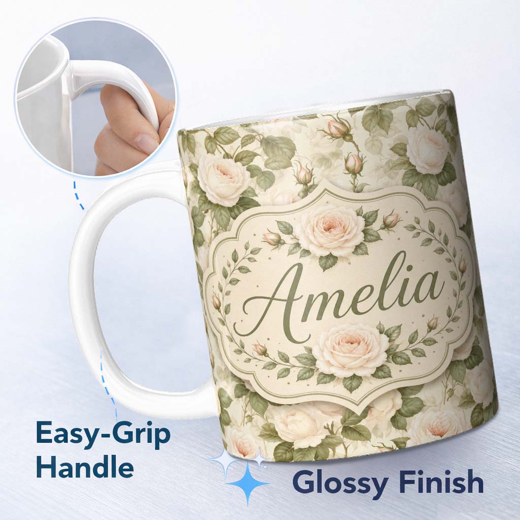 Personalized Custom Name Soft Blush Cream Roses with Green Foliage Seamless Pattern Lovely 11oz Ceramic Coffee Tea Mug White Large Handle