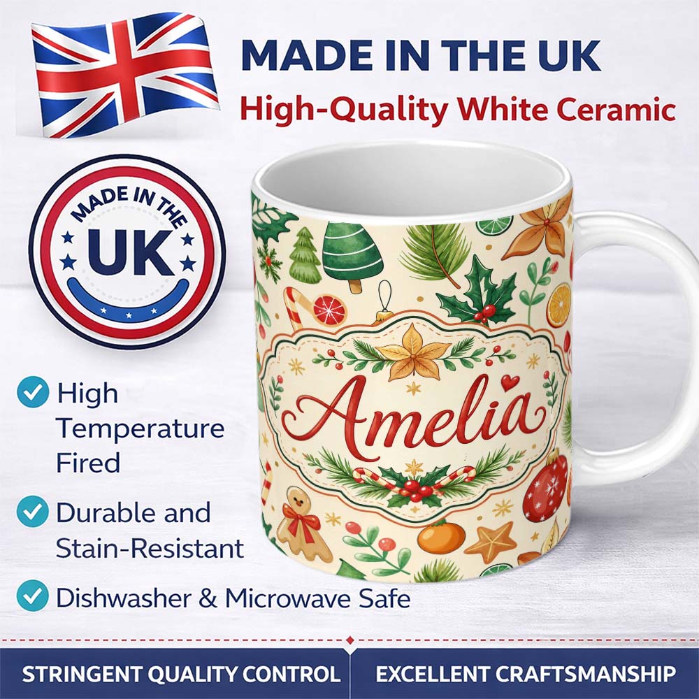 Personalized Custom Name Cute Christmas Ornaments Candy Cane Citrus Leaves Festive Seamless 11oz Ceramic Coffee Tea Mug White Large Handle