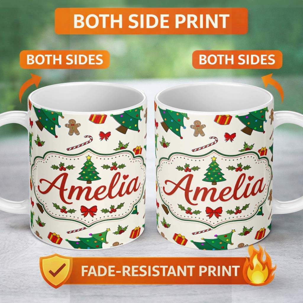 Personalized Custom Name Cute Christmas Trees with Gifts Candy Canes and Gingerbread Seamless 11oz Ceramic Coffee Tea Mug White Large Handle