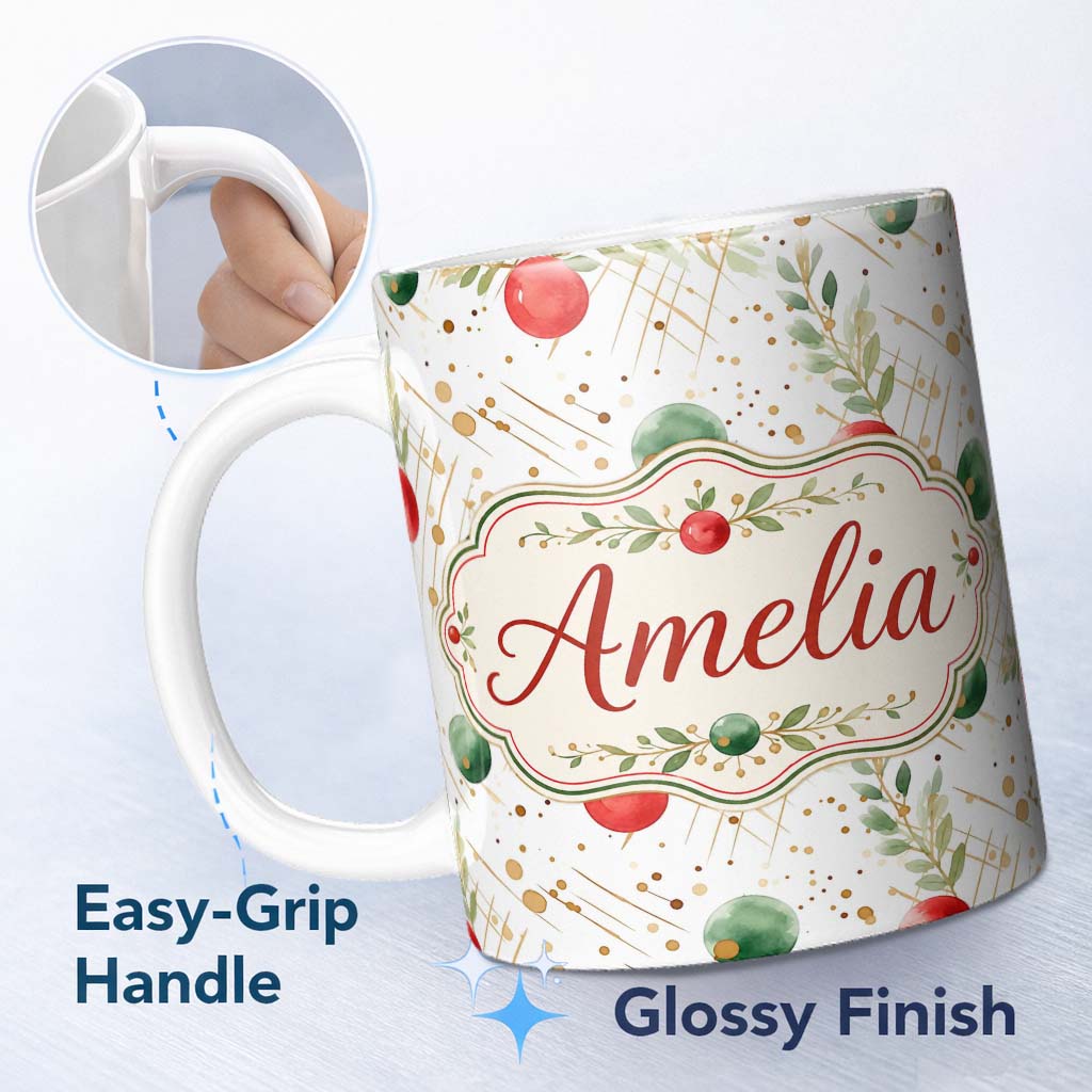 Personalized Custom Name Modern Red Green Baubles Gold Splash Festive Seamless Pattern Lovely 11oz Ceramic Coffee Tea Mug White Large Handle