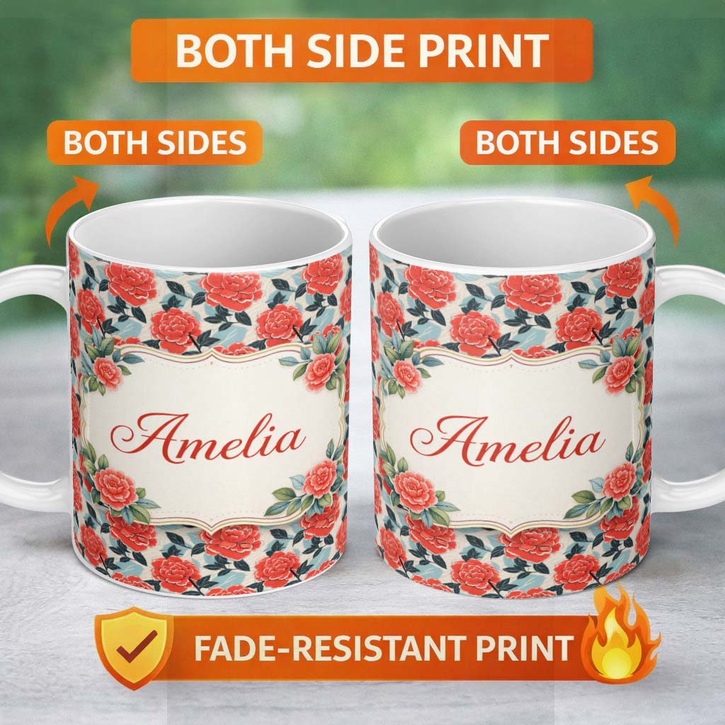 Personalized Custom Name Soft Pink Floral Blossom Seamless Pattern Charming Kitchen Decor 11oz Ceramic Coffee Tea Mug White Large Handle