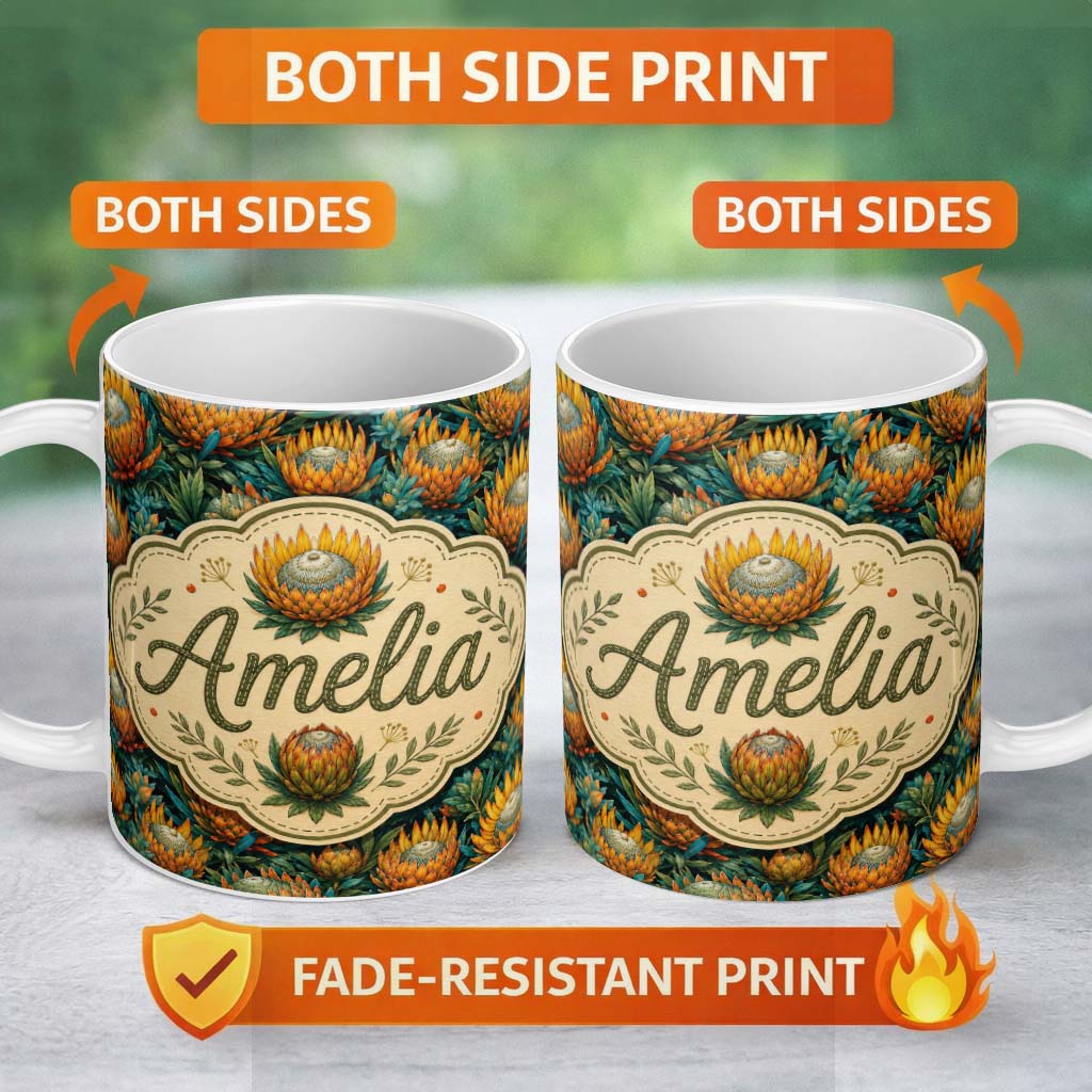 Personalized Custom Name Vibrant Orange and Teal Protea Floral Seamless Pattern Lovely 11oz Ceramic Coffee Tea Mug White Large Handle