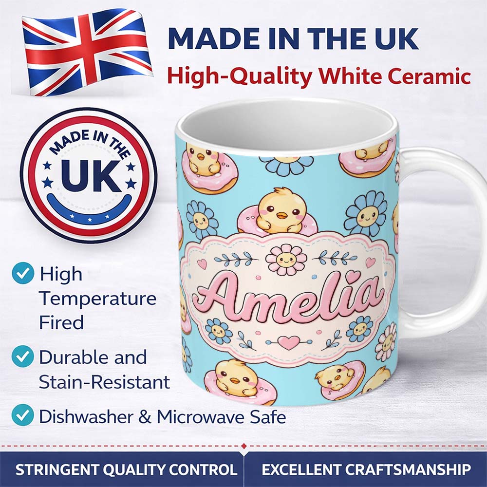 Personalized Custom Name Cute Baby Chick Donut Flowers Seamless Pattern Aqua Blue Background 11oz Ceramic Coffee Tea Mug White Large Handle