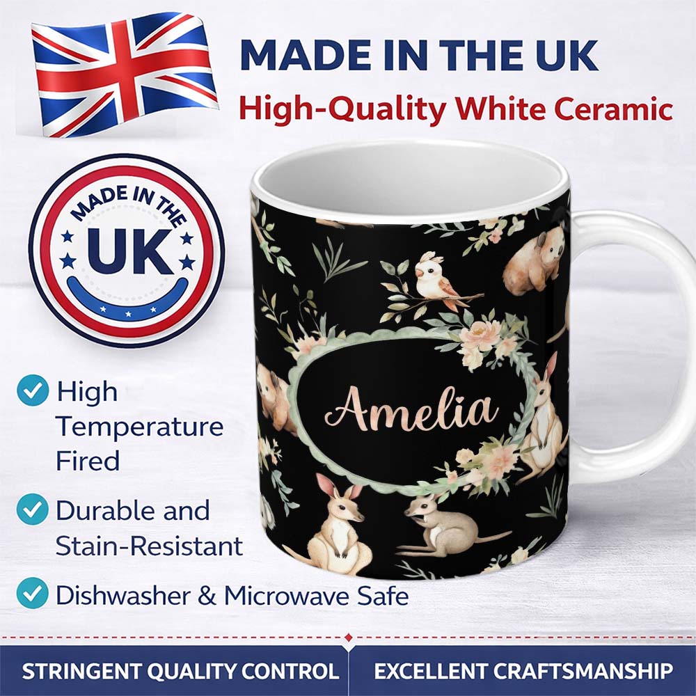 Personalized Custom Name Woodland Animals Koala Kangaroo Bear Floral Black Seamless Pattern 11oz Ceramic Coffee Tea Mug White Large Handle