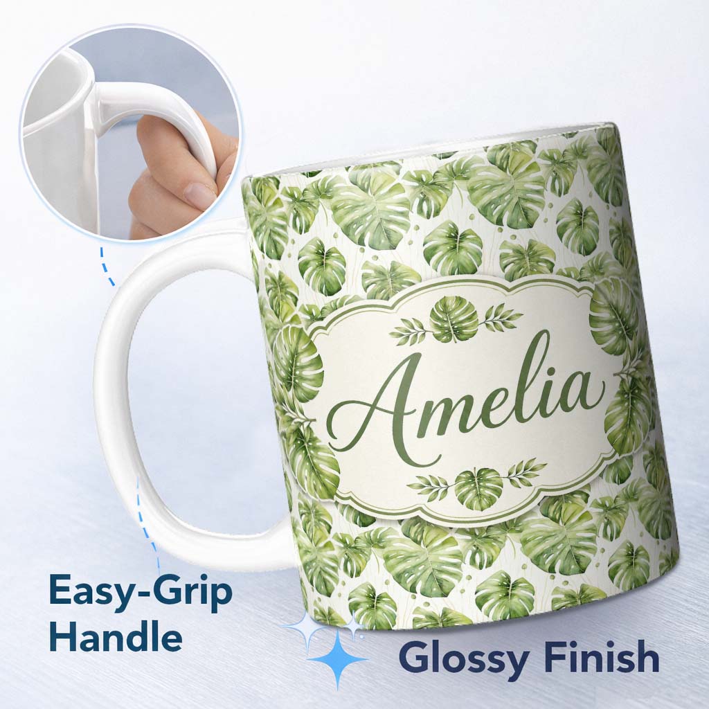 Personalized Custom Name Elegant Monstera Leaves with Soft Neutral Background Seamless Lovely 11oz Ceramic Coffee Tea Mug White Large Handle