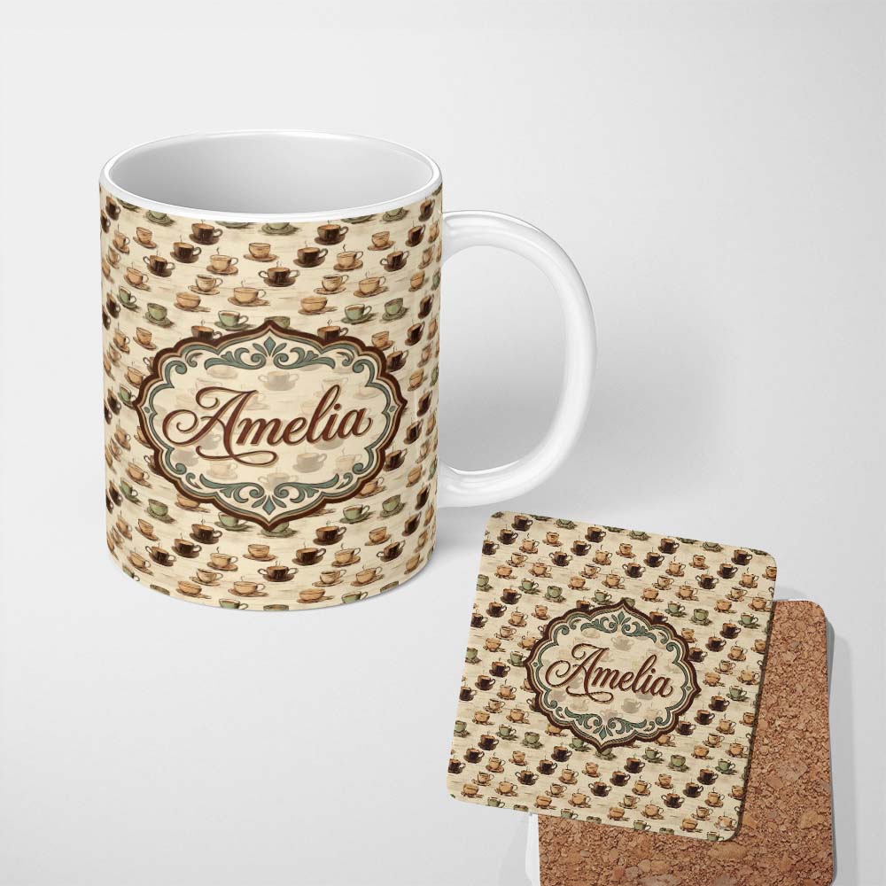 Personalized Custom Name Vintage Coffee Cups on Rustic Wood Background Seamless Pattern 11oz Ceramic Coffee Tea Mug White Large Handle