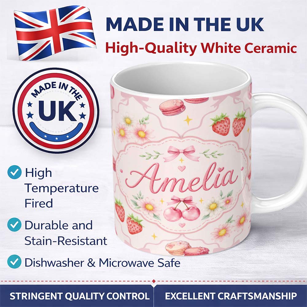 Personalized Custom Name Strawberry Cherry Daisy Floral Bow Sweet Dessert Soft Blush Pink 11oz Ceramic Coffee Tea Mug White Large Handle