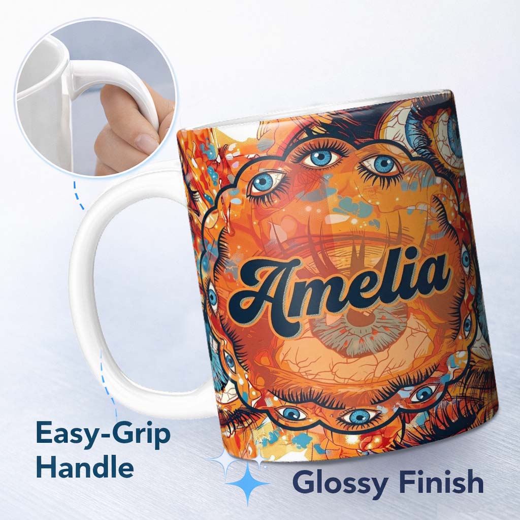 Personalized Custom Name Abstract Surreal Eye Illustration Seamless Pattern Bold Artistic 11oz Ceramic Coffee Tea Mug White Large Handle