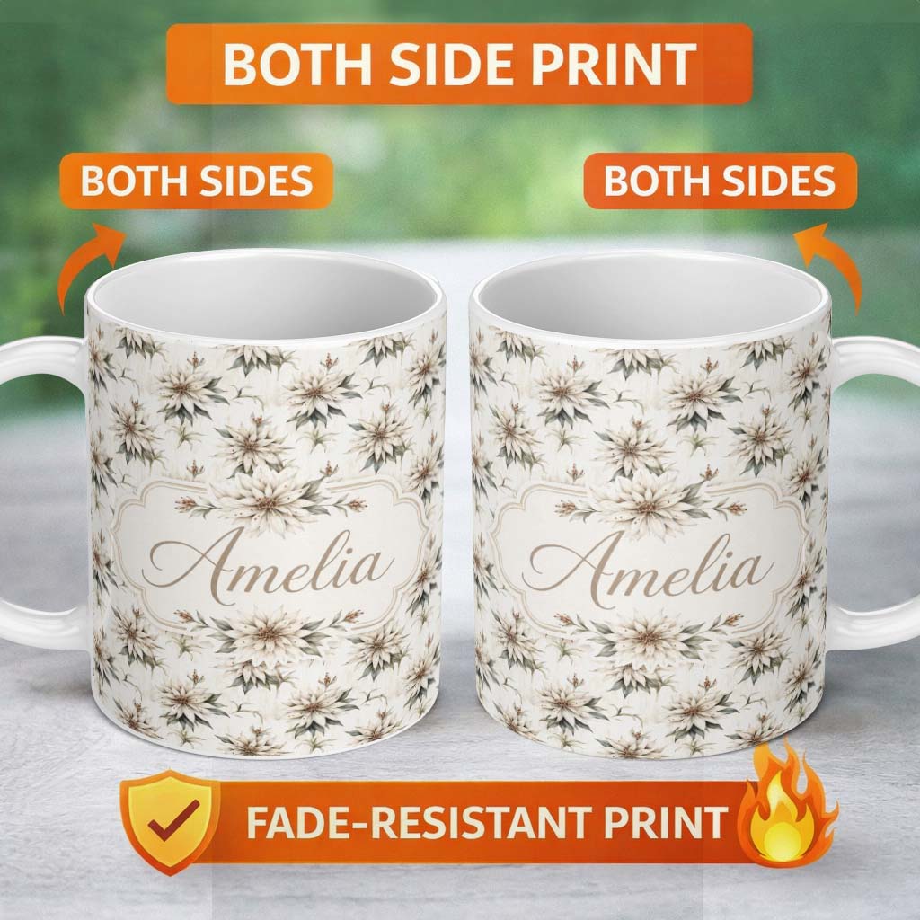 Personalized Custom Name Vintage Neutral Flower Botanical Seamless Pattern Cute Unique Gift 11oz Ceramic Coffee Tea Mug White Large Handle