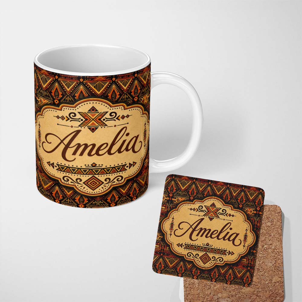 Personalized Custom Name Bold Ethnic Geometric Pattern with Repeating Tribal Motifs in Black 11oz Ceramic Coffee Tea Mug White Large Handle