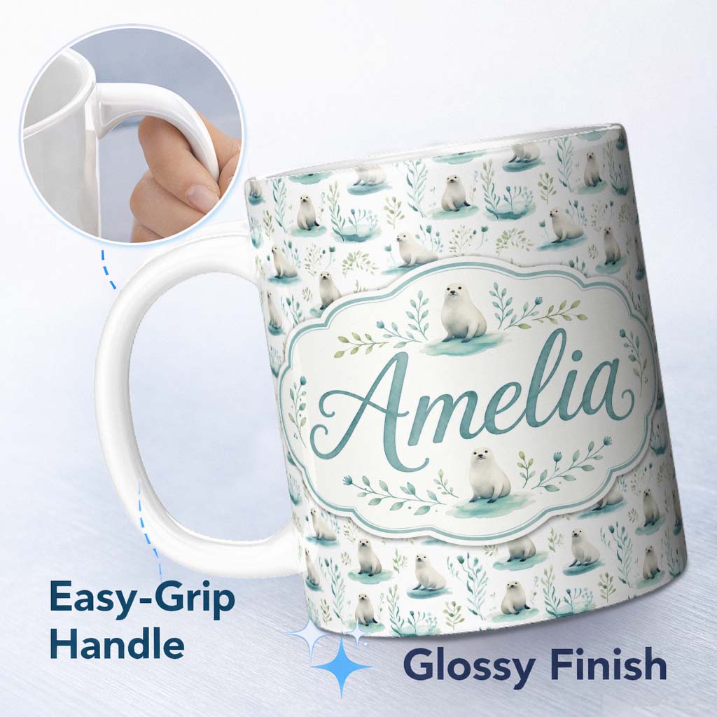 Personalized Custom Name Cute Baby Seal Pups with Seaweed Soft Pastel Background Seamless 11oz Ceramic Coffee Tea Mug White Large Handle