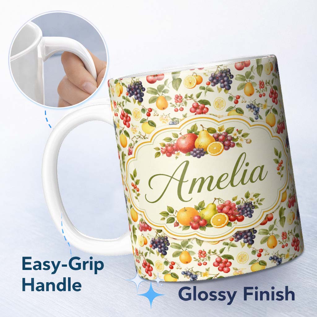 Personalized Custom Name Classic Botanical Berry and Citrus Fruit Seamless Pattern Lovely 11oz Ceramic Coffee Tea Mug White Large Handle