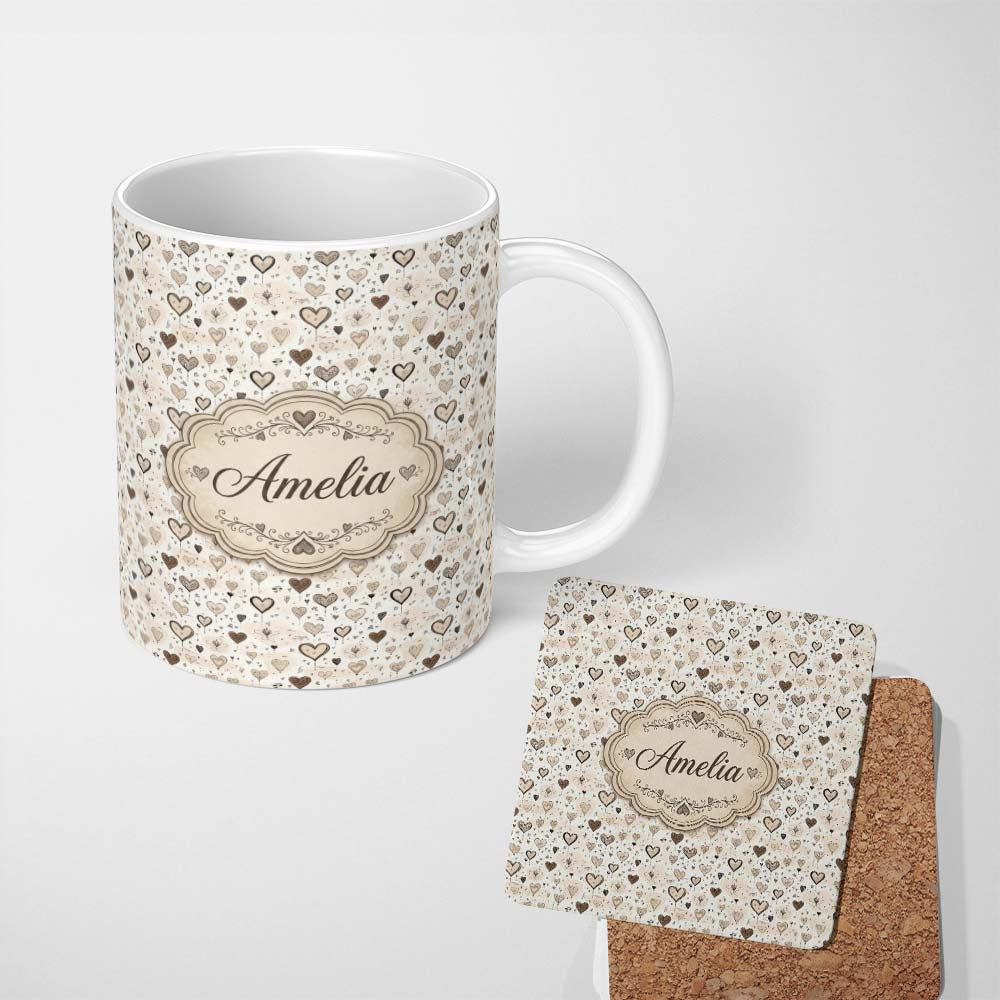 Personalized Custom Name Minimal Neutral Heart and Soft Doodle Seamless Pattern Lovely 11oz Ceramic Coffee Tea Mug White Large Handle