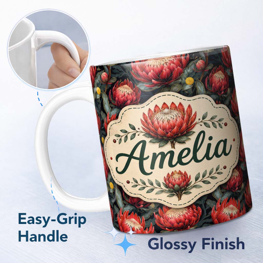 Personalized Custom Name Dark Background Red Protea Botanical Seamless Pattern Lovely 11oz Ceramic Coffee Tea Mug White Large Handle