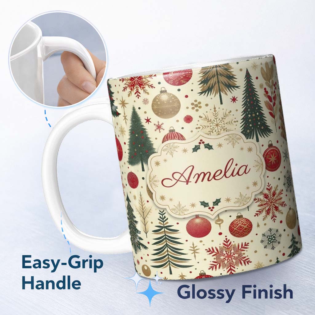 Personalized Custom Name Vintage Christmas Trees Baubles Snowflakes Red Gold Festive Seamless 11oz Ceramic Coffee Tea Mug White Large Handle