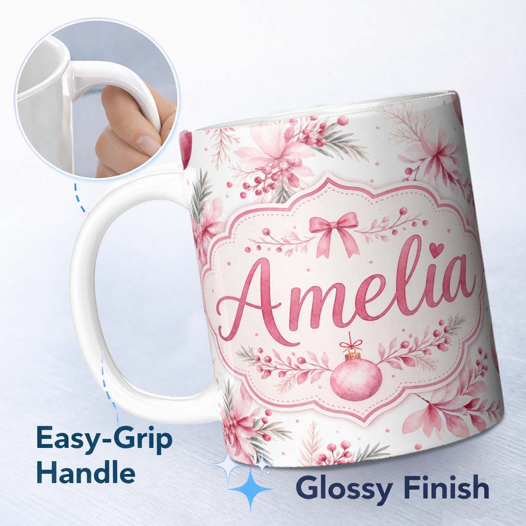 Personalized Custom Name Elegant Pink Floral Christmas Bauble Watercolor Seamless Pattern 11oz Ceramic Coffee Tea Mug White Large Handle