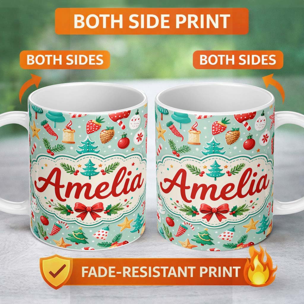 Personalized Custom Name Festive Christmas Trees Ornaments Strawberries Candy Cane Holiday 11oz Ceramic Coffee Tea Mug White Large Handle