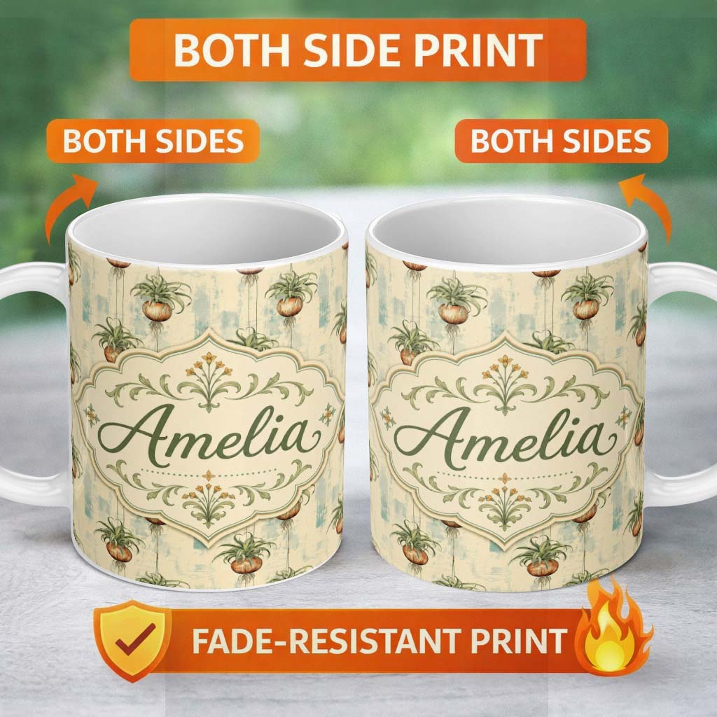 Personalized Custom Name Rustic Hanging Plant Pots Textured Background Seamless Pattern 11oz Ceramic Coffee Tea Mug White Large Handle