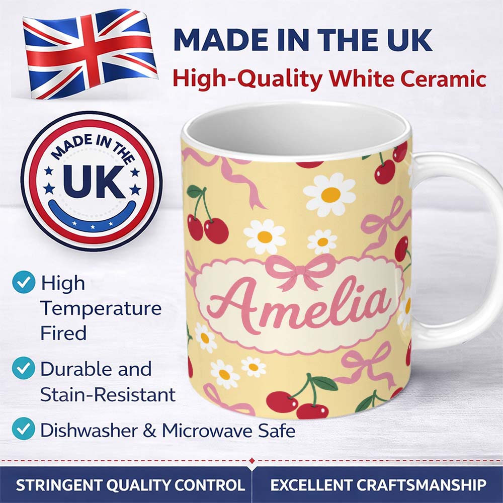 Personalized Custom Name Cute Cherry Bow and Daisy Seamless Pattern on Yellow Lovely 11oz Ceramic Coffee Tea Mug White Large Handle