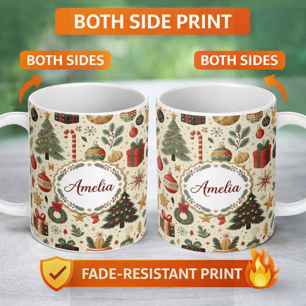 Personalized Custom Name Festive Christmas Ornament Candy Cane Tree Holiday Seamless Pattern 11oz Ceramic Coffee Tea Mug White Large Handle