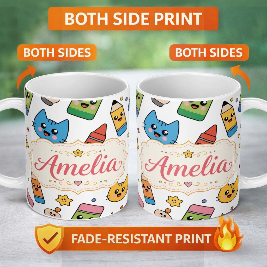 Personalized Custom Name Cute Kawaii Cats Crayons and Pencils Fun School Seamless Pattern 11oz Ceramic Coffee Tea Mug White Large Handle