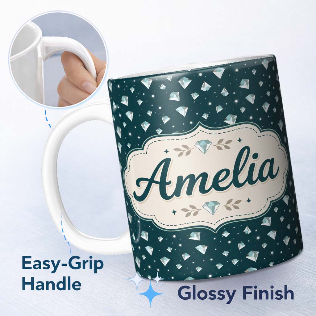 Personalized Custom Name Crystal Diamond Starry Seamless Pattern on Dark Teal Lovely 11oz Ceramic Coffee Tea Mug White Large Handle