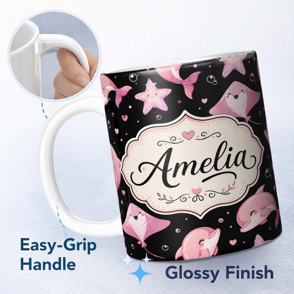 Personalized Custom Name Cute Pink Dolphins and Starfish Seamless Ocean Pattern Black Lovely 11oz Ceramic Coffee Tea Mug White Large Handle