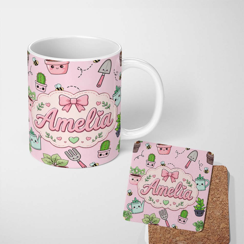 Personalized Custom Name Cute Kawaii Garden Tools Plants Bees Seamless Pattern Blush Lovely 11oz Ceramic Coffee Tea Mug White Large Handle