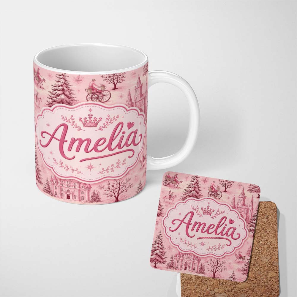 Personalized Custom Name Vintage Pink Winter Village Scenic Seamless Pattern Cute Unique Gift 11oz Ceramic Coffee Tea Mug White Large Handle